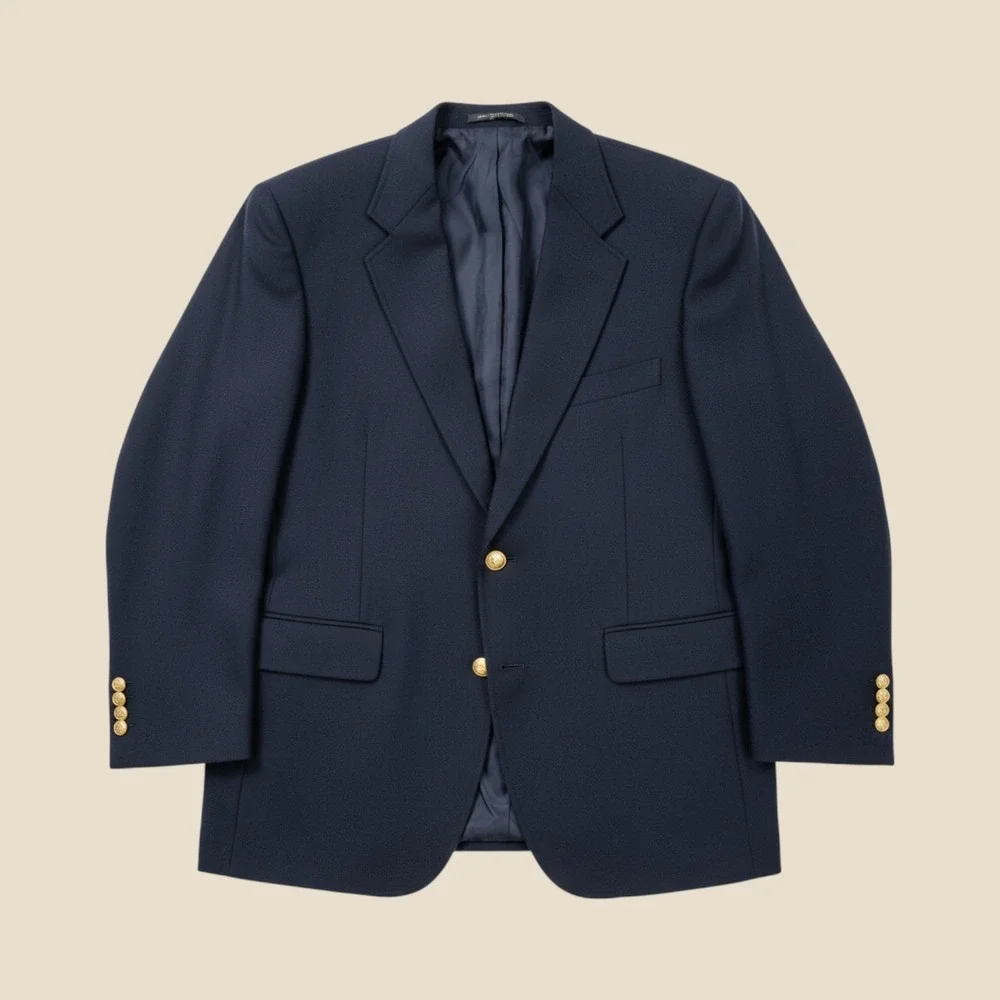 Vintage Navy Blue Blazer 44R Worsted Wool Blend Gold Crest Buttons Preppy Ivy